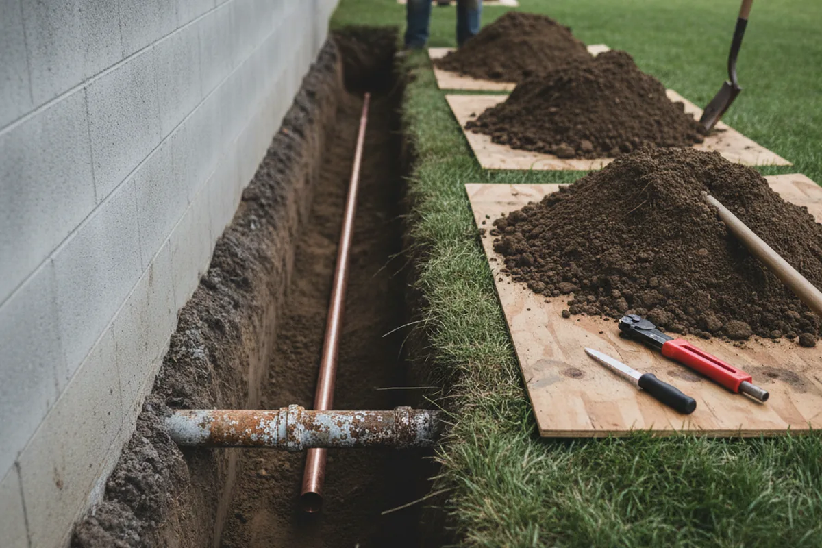Excavated water line trench during Sewer Line Repair in Thayer